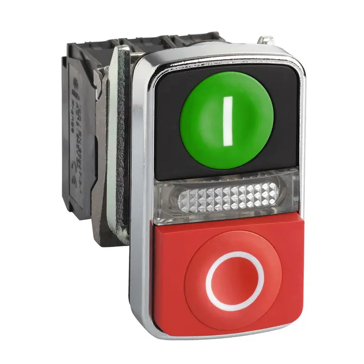 Schneider XB4BW73731M5 Harmony | Illuminated double-headed push button, metal, Ø22, 1 green flush I + 1 pilot light + 1 red projecting O, 240 V AC, 1 NO + 1 NC