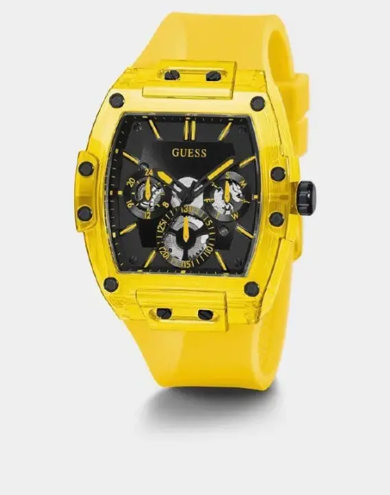 ساعة Guess Phoenix GW0203G6 رجالي أسود وأصفر بسوار سيليكون, 43 مم