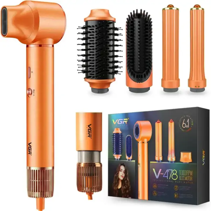 فرشاه تصفيف الشعر VGR V-478 بقوة 1300 واط، مجفف شعر وفرشاة دائرية، 3 سرعات و4 مستويات حرارة، مكواة تجعيد مع جزء خلفي قابل للإزالة، برتقالي (6 في 1 )