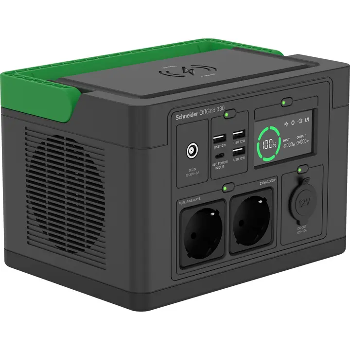 Schneider PPS330-GR | OffGrid Portable Power Station 330, 230V, 332Wh Lithium-ion, LCD, 2 CEE 7/3 Schuko outlets, Sinewave, 3 USB-A, 1 USB-C, Wireless Charger