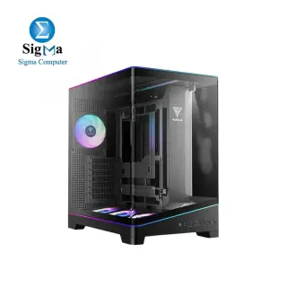 GAMDIAS ATLAS P6 CG Mid Tower PC Case, Black, Dual Chamber, BTF, 360mm, Panoramic, 4×120mm PWM ARGB Fans