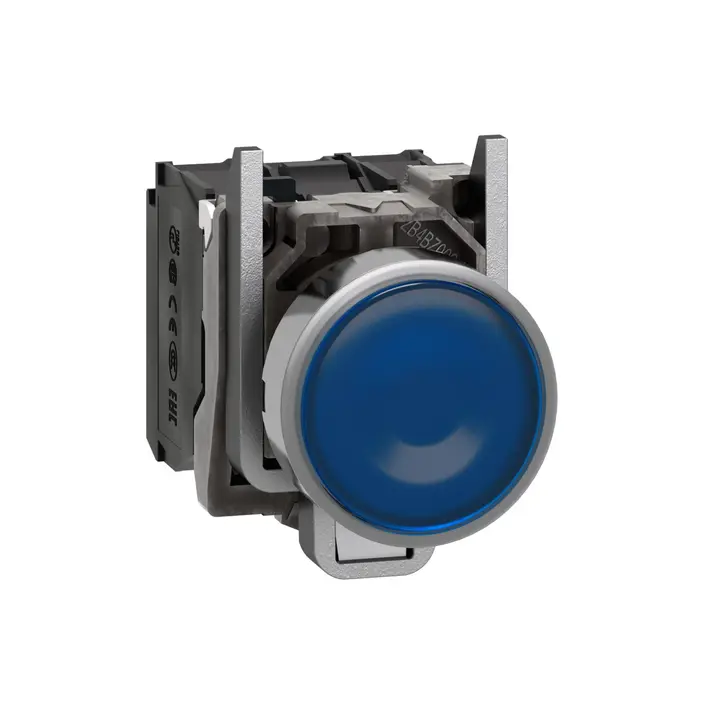 شنايدر XB4BW36M5 | زر ضغط مضيء، معدني، متساطح، أزرق، Ø22، إرجاع زنبركي، 230…240 فولت تيار متردد، 1 NO + 1 NC