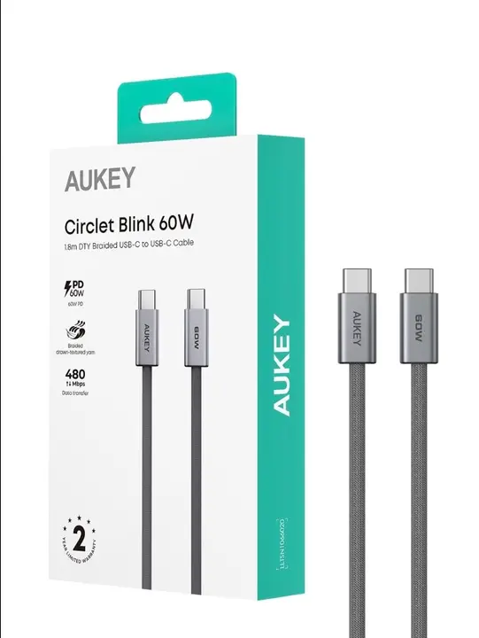 أوكي Circlit Blink 60W كيبل شحن ومزامنة ، مضفر من خامة DTY، USB-C إلى USB-C ، برأس من الألمنيوم ، طول 1.8م ، CB-DCC062 ، ضمان عامين