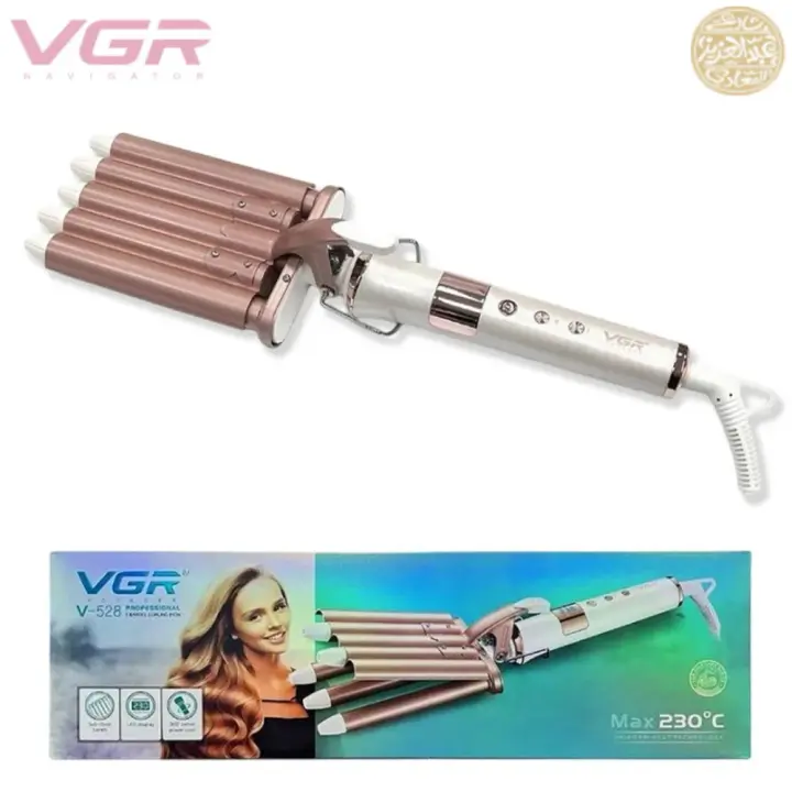 مكواة تجعيد الشعر السيراميكية Vgr V-528 خمس موجات، درجة حرارة 230 درجة، أبيض ووردي