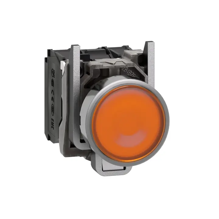 Schneider XB4BW35M5 Harmony | Illuminated push button, metal, flush, orange, Ø22, spring return, 230…240 V AC, 1 NO + 1 NC