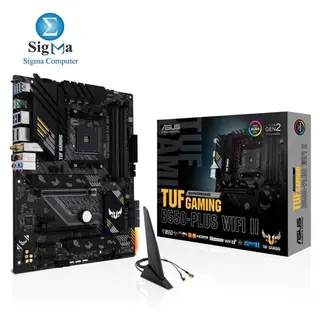 ASUS TUF GAMING B550-PLUS WIFI II, AM4 ATX motherboard with PCIe 4.0, Wi-Fi 6, 2.5G LAN, Dual M.2, USB 3.2 Gen 2, and Aura Sync RGB.