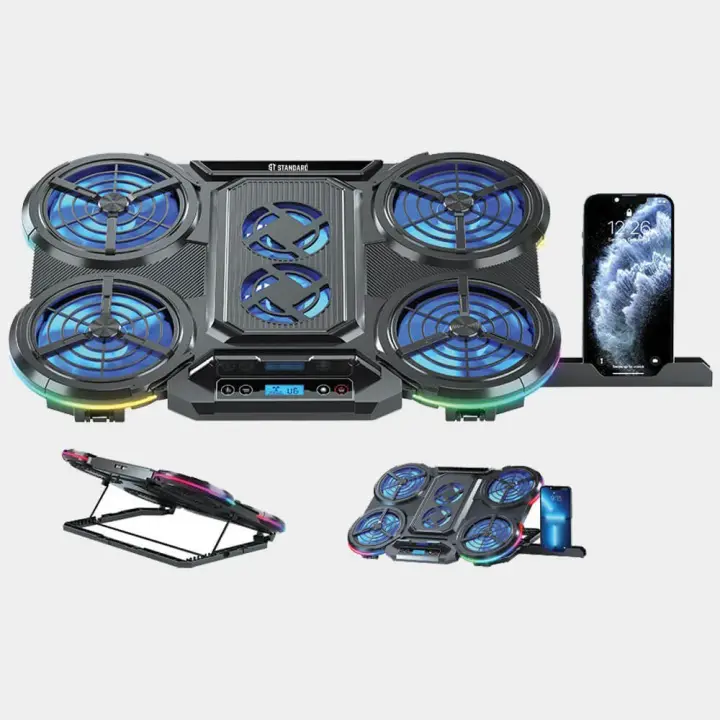 Standard ICE08 Cooling Pad Gaming Laptop Stand With Mobile Holder, 6x Blue LED Fans Multi Speed, LCD Screen, RGB Side Lights, 2 x USB -12 UP to 17 Inch | Black