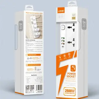 LDNIO SC5415 Surge Fast charging Power Strip with 5 Ac Outlets & 4USB Charging Ports 2m Extension PD power Soket - White