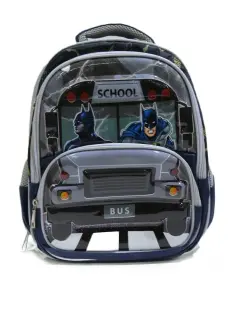 Barcela Bag Bat-Man Bus 3D Cute Cartoon Preschool Backpack 12 Inch, Blue/Gray