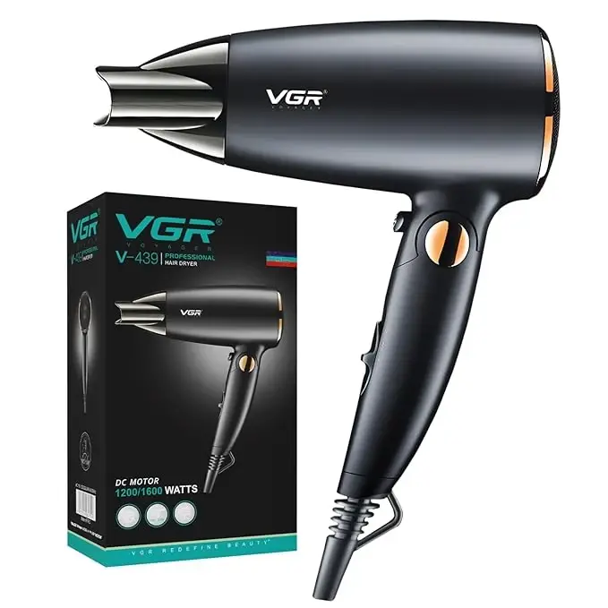 مجفف الشعر القابل للطي VGR V-439 للرجال والنساء بمحرك تيار مستمر بقوة 1600 واط، (أسود)