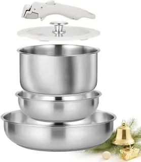 7 Piece Stainless Steel Cookware Set, Stainless Steel Pots and Pan Set with Deta