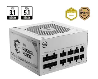 MSI MAG A850GL PCIE 5 Gaming Power Supply, ATX 3.1 & PCIE 5.1 Ready, Full Modular, 80 Plus Gold Certified 850W, ATX PSU, White -10 Year Warranty