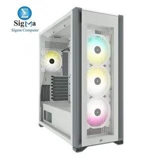 Corsair iCUE 7000X RGB White, Full-Tower case with support for E-ATX, up to 3x 360mm radiators, 450mm GPU, 190mm CPU cooler, 4x RGB fans, and tempered glass panels.