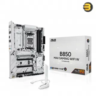 ASUS B850 MAX GAMING WIFI W, ATX AM5 motherboard, AMD B850 chipset, Ryzen 9000/8000/7000 support, DDR5 up to 8000+ MT/s (OC) via EXPO/AEMP, PCIe 5.0 x16, 3x M.2 (one PCIe 5.0), 4x SATA, Wi‑Fi 6E + BT 5.3, 2.5Gb LAN, USB 10Gbps Type‑C/Type‑A, HDMI, DP, BI