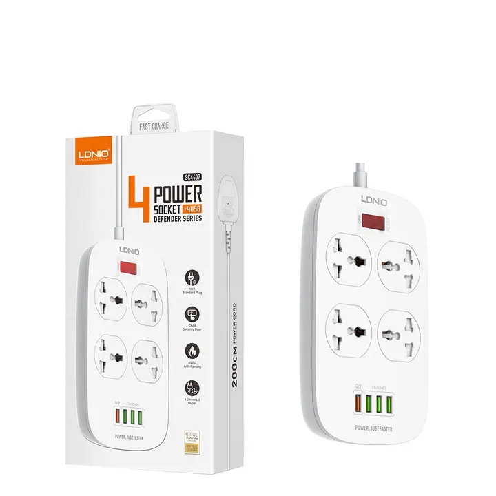 LDNIO SC4407 4 POWER SOCKET EXTENTION With 4 USB (18W) DEFENDER SERIES - White