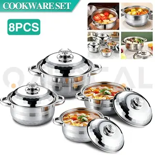 8pcs Stainless Steel Cooking Pots 4 Pots + 4 Lids Cookware Set Double Handles