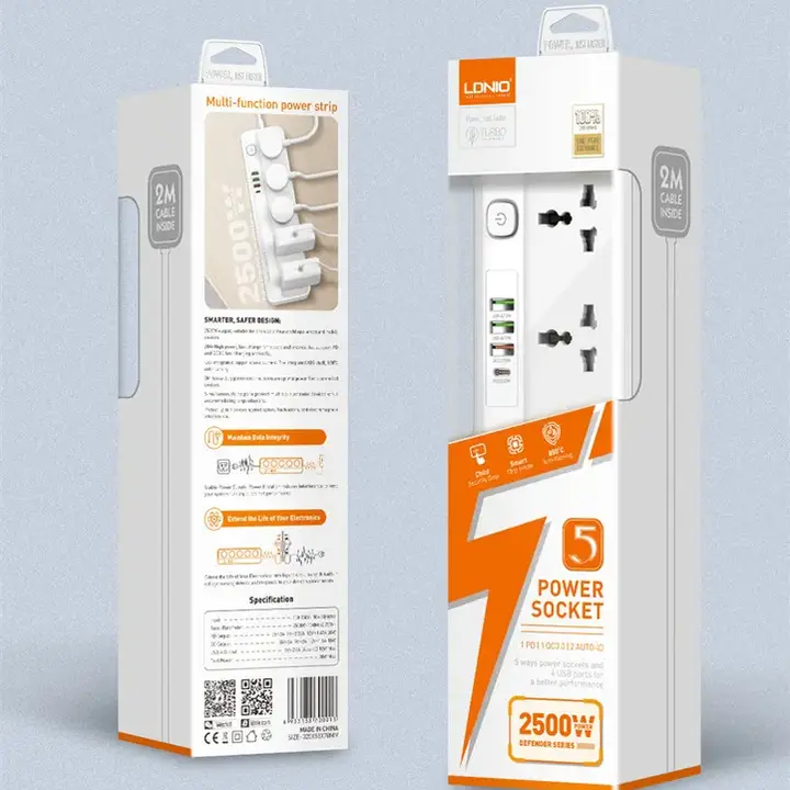 LDNIO SC5415 Surge Fast charging Power Strip with 5 Ac Outlets & 4USB Charging Ports 2m Extension PD power Soket - White