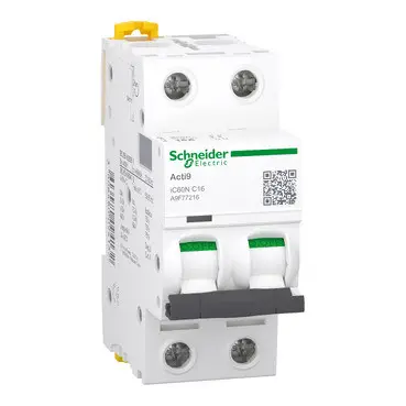 Schneider A9F77216 | Miniature circuit-breaker, Acti9 iC60N, 2P, 16 A, C curve, 6000 A (IEC 60898-1), 10 kA (IEC 60947-2)