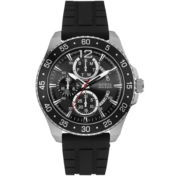 ساعة Guess Jet W0798G1 رجالي مينا سوداء وسير مطاط أسود, 46 مم