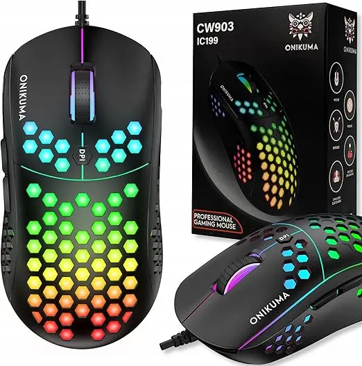ماوس العاب بوزن خفيف CW903 بتصميم شكل قرص العسل بالوان RGB من اونيكوما، ماوس بـ6400 نقطة لكل بوصة و6 ازرار قابلة للبرمجة، منتج مطور، USB