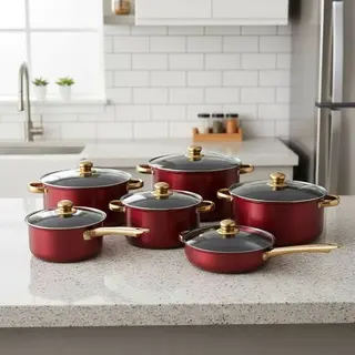 6pcs Stainless Steel Non‑Stick Cookware Set with Gold‑Tone Handle, Lids Included