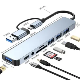 8-in-2 USB Type-C Hub Docking Station Audio Jack Micro SD Reader Adapter