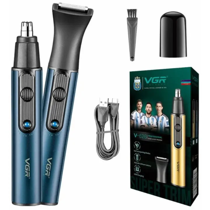 VGR Professsional 2 In 1 Rechargeable Nose and Hair Trimmer, Blue - V-626 ( International Warranty )