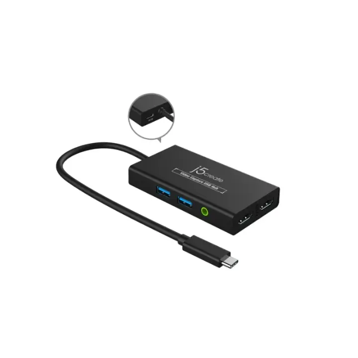 j5create Video Capture With HUB Type-C To (HDMI-4K*2+USB3.0*2+3.5mm Audio Jack) JVA01
