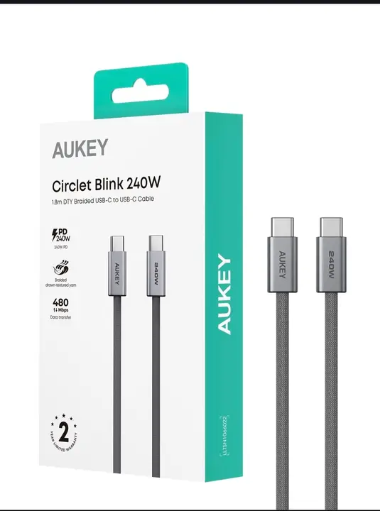 أوكي Circlet Blink 240W كيبل شحن ومزامنة، مضفر من خامة DTY، USB-C إلى USB-C، طول 1.8م CB-DCC242 , ضمان عامين