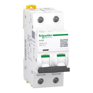 Schneider A9F77216 | Miniature circuit-breaker, Acti9 iC60N, 2P, 16 A, C curve, 6000 A (IEC 60898-1), 10 kA (IEC 60947-2)