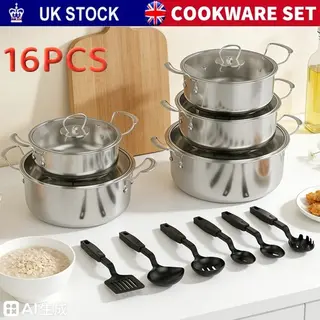 16PCS Induction Non Stick Stainless Steel Cookware Cooking Pot Pan With Lids Set