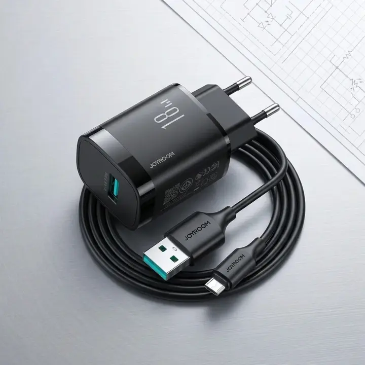 Charger JOYROOM JR-TF4 USB-A 18W + Cable Micro A9 2.4A 1 Meter شاحن موبايل ١٨ واط و كابل يو اس بي I