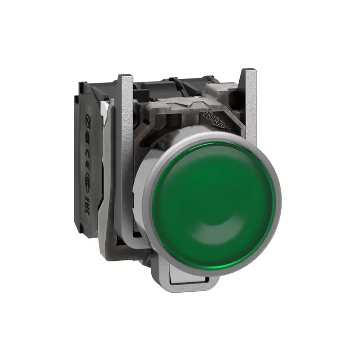 شنايدر XB4BW33M5 | زر ضغط مضيء، معدني، متساطح، أخضر، Ø22، إرجاع زنبركي، 230…240 فولت تيار متردد، 1 NO + 1 NC