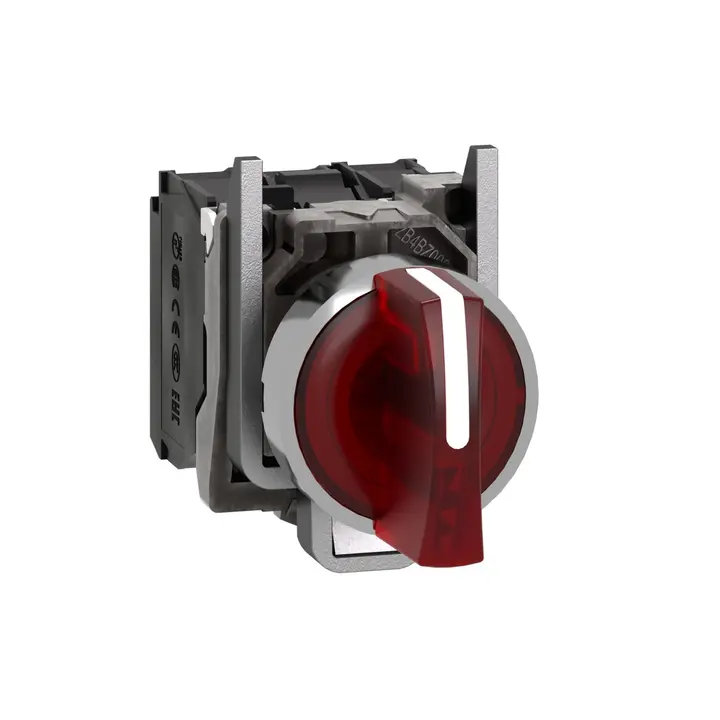 Schneider XB4BK134M5 | Illuminated selector switch, metal, red, Ø22, 3 positions, stay put, 230…240 V AC, 1 NO + 1 NC
