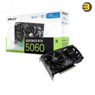 PNY GeForce RTX 5060 8GB GDDR7 OC Dual Fan Graphics Card, 3840 CUDA Cores, 128-bit Memory Interface, 2535 MHz Boost Clock, PCIe 5.0, 3x DisplayPort 2.1b & 1x HDMI 2.1b Outputs, RGB Lighting, AI-Powered Blackwell Architecture -