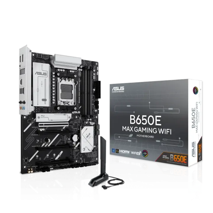 ASUS AMD B650E ATX motherboard, DDR5, PCIe 5.0 Ready, three M.2 slots, Wi-Fi 6E, Realtek 2.5Gb Ethernet, DisplayPort, HDMI™, rear USB 10Gbps Type-A & Type-C® support, BIOS FlashBack™, Aura Sync