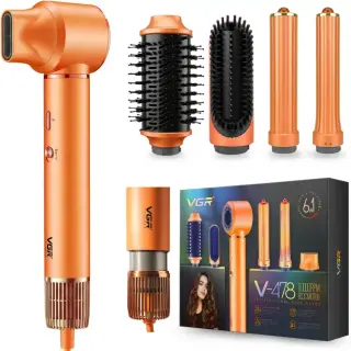 فرشاه تصفيف الشعر VGR V-478 بقوة 1300 واط، مجفف شعر وفرشاة دائرية، 3 سرعات و4 مستويات حرارة، مكواة تجعيد مع جزء خلفي قابل للإزالة، برتقالي (6 في 1 )