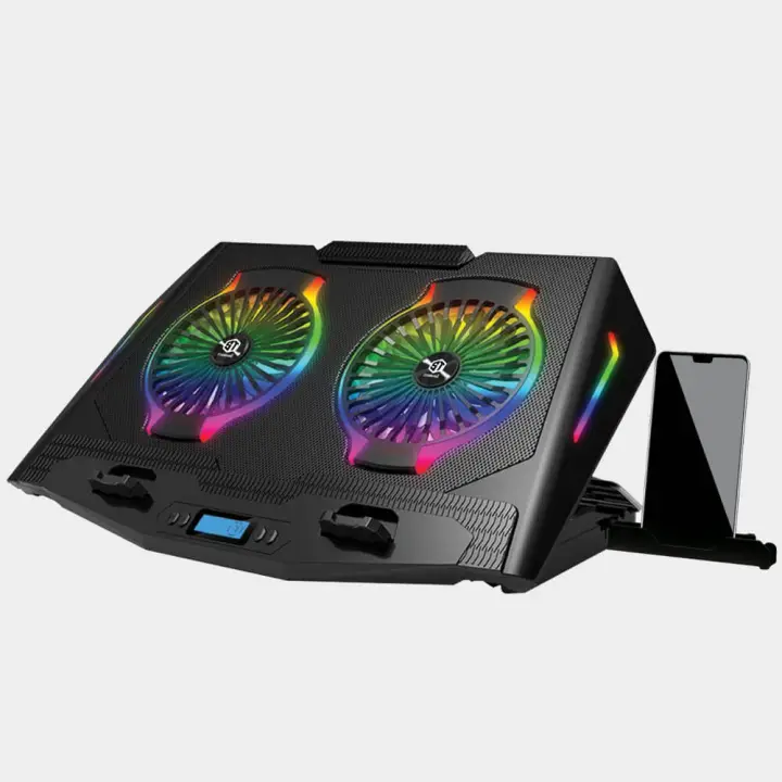Standard ICE07 Gaming Laptop Cooling Pad Stand with Mobile Holder, 2*RGB BIG Fans, LCD Screen, 2*USB, Suitable for 12-17 inch laptops