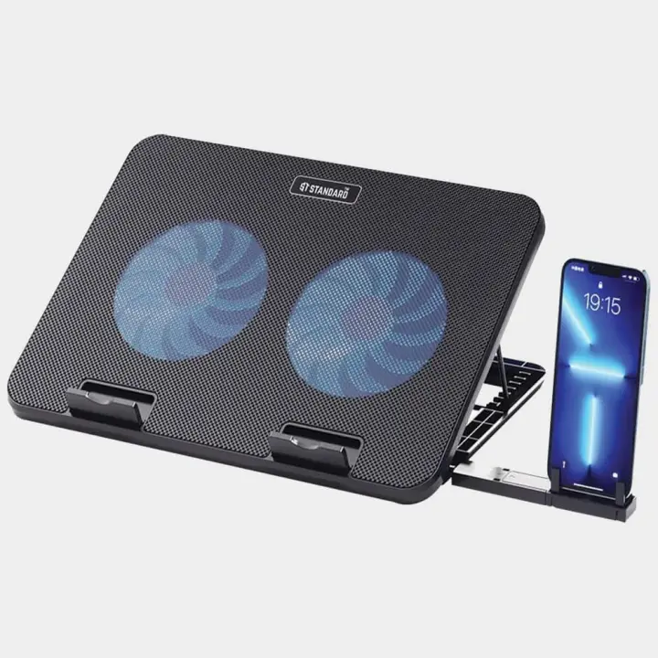 Standard Laptop Cooler Support ICE-02 With blue Led fans, With Fan speed controller (Roller switch ON/OFF), 2USB ports & 5 Levels (360 * 255 * 28mm)