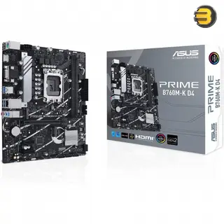 ASUS Prime B760M-K D4, Intel B760 LGA 1700 mATX motherboard with PCIe 4.0, two PCIe 4.0 M.2 slots, DDR4, Realtek 2.5Gb Ethernet, VGA, HDMI, SATA 6 Gbps, front USB 3.2 Gen 1, Aura Sync - PRIME B760M-K D4