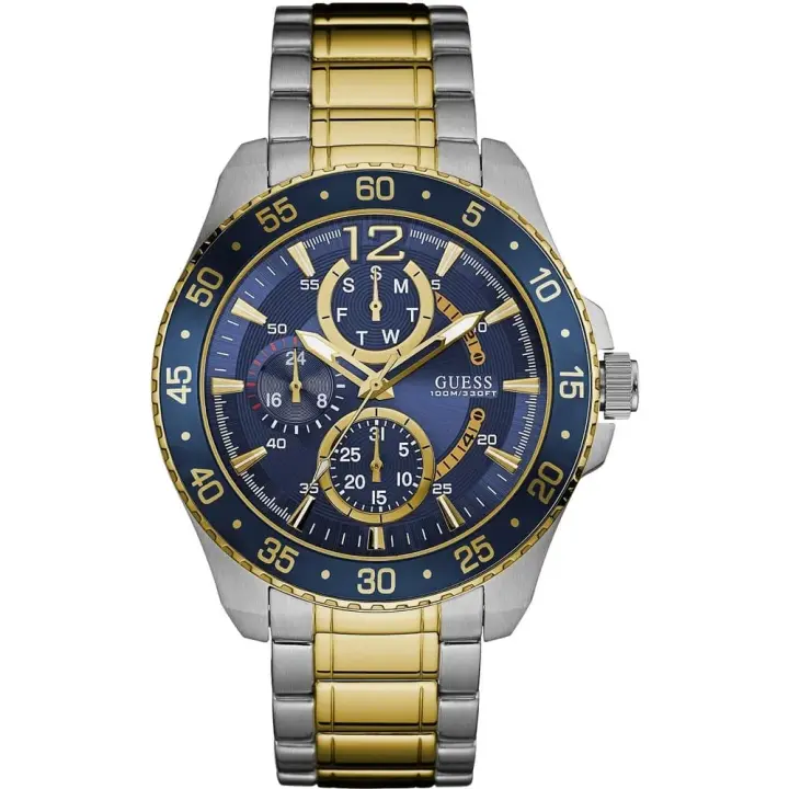 ساعة Guess Jet W0797G1 رجالي مينا زرقاء وسوار فضي وذهبي, 46 مم