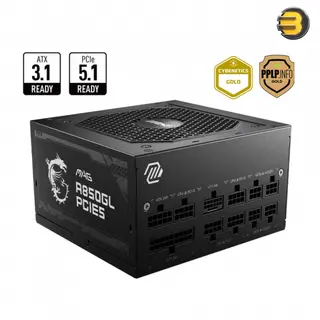 MSI MAG A850GL PCIE5-850W ATX 3.1 Fully Modular PSU, PCIe 5.1 Ready, 80 Plus Gold, 120mm FDB Fan, Active PFC