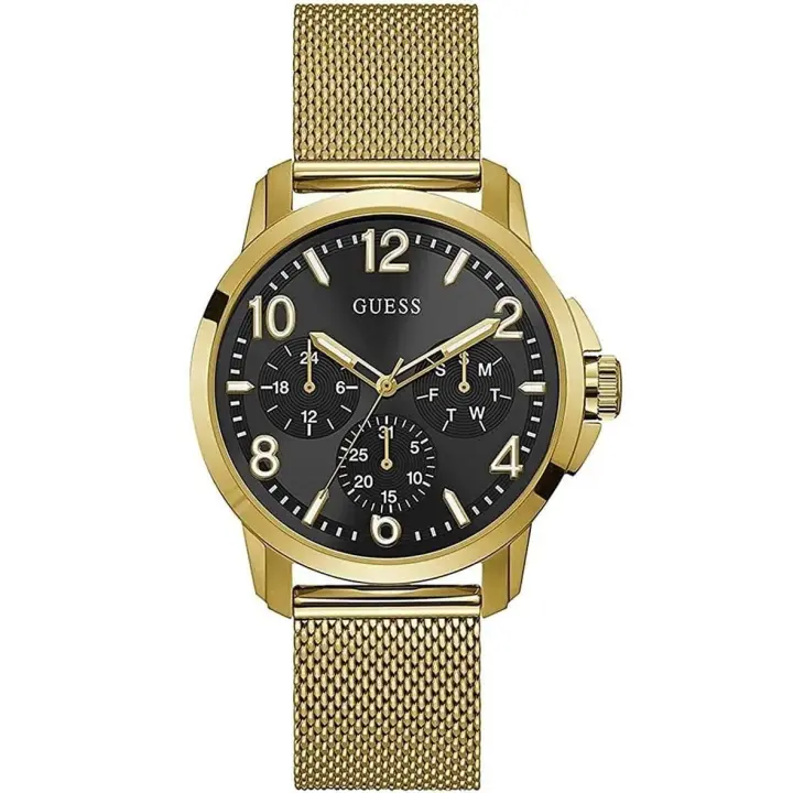 ساعة Guess Voyage W1040G3 رجالي ذهبي بمينا سوداء وسوار معدني ذهبي