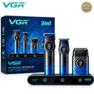 مجموعة قص الشعر الاحترافية 3 في 1 VGR V-STEPLESS Pro - باللون الأزرق