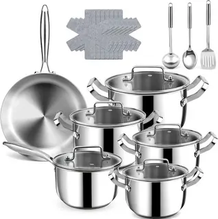 21 PCS Stainless Steel Cookware Set Induction Cookware Includes 6 Pots Pans 6 Li