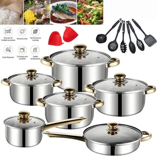 12PCS Induction Non Stick Stainless Steel Cookware Cooking Pot Pan With Lids Set