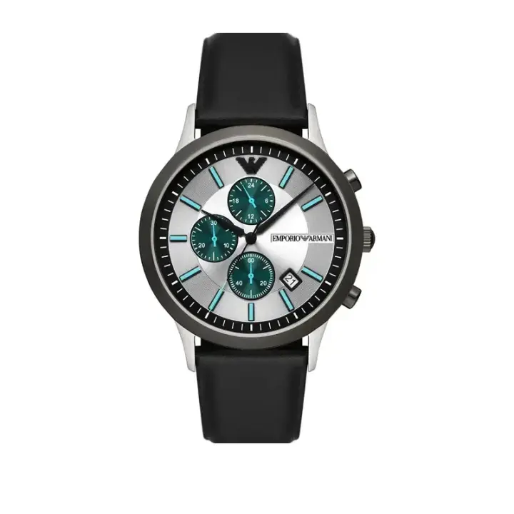 ساعة Emporio Armani Renato AR11473 رجالي كرونوغراف فضي جلد أسود, 43 مم