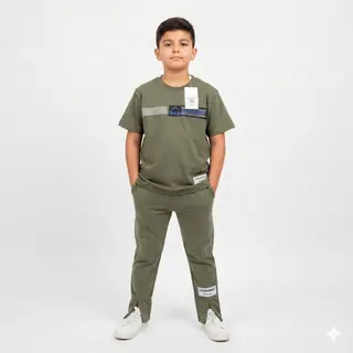 تشكيلة أطقم رياضية ولادي صيفي قطعتين (زيتوني، زمردي، أسود) olive-green 7-8y