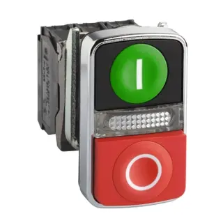 Schneider XB4BW73731M5 Harmony | Illuminated double-headed push button, metal, Ø22, 1 green flush I + 1 pilot light + 1 red projecting O, 240 V AC, 1 NO + 1 NC
