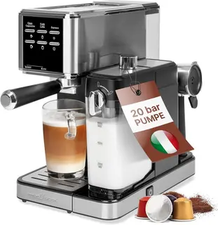 Profi Cook Espresso Machine 2-in-1 | for Coffee Powder and Nespresso Compatible Capsules | Portafilter | 20 Bar | Milk System for Latte Coffee,Cappuccino | Portafilter for Espresso | (PC-ES 1266)